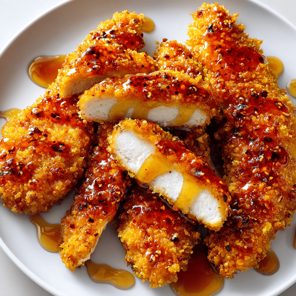 Perfectly cooked hot honey chicken tenders with crispy glaze and juicy center