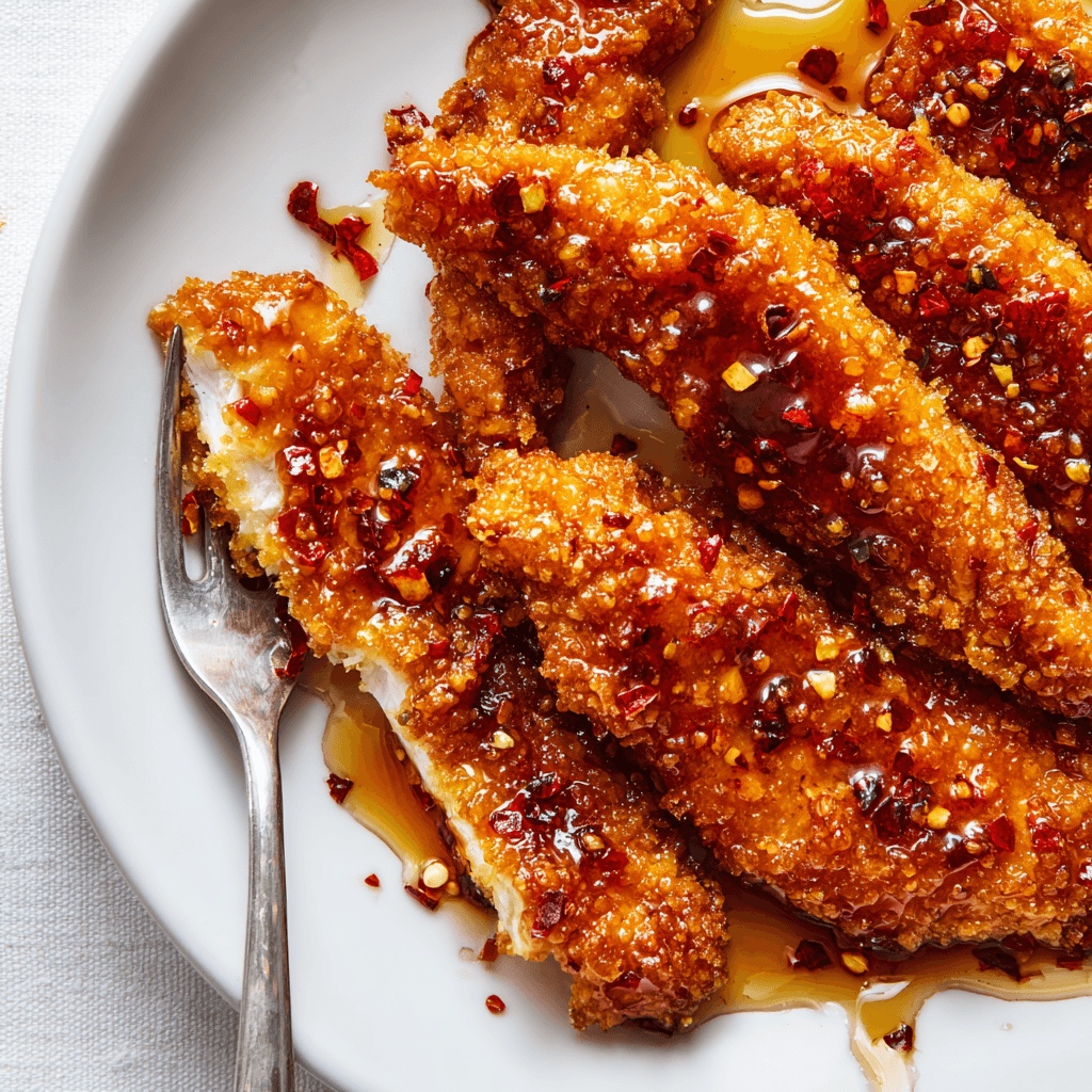 Hot honey chicken tenders with crispy coating and sweet-spicy glaze