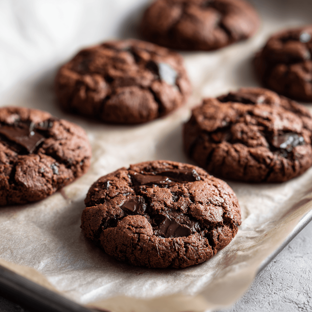 Freshly baked chocolate peanut butter cookies with melted chocolate on parchment paper