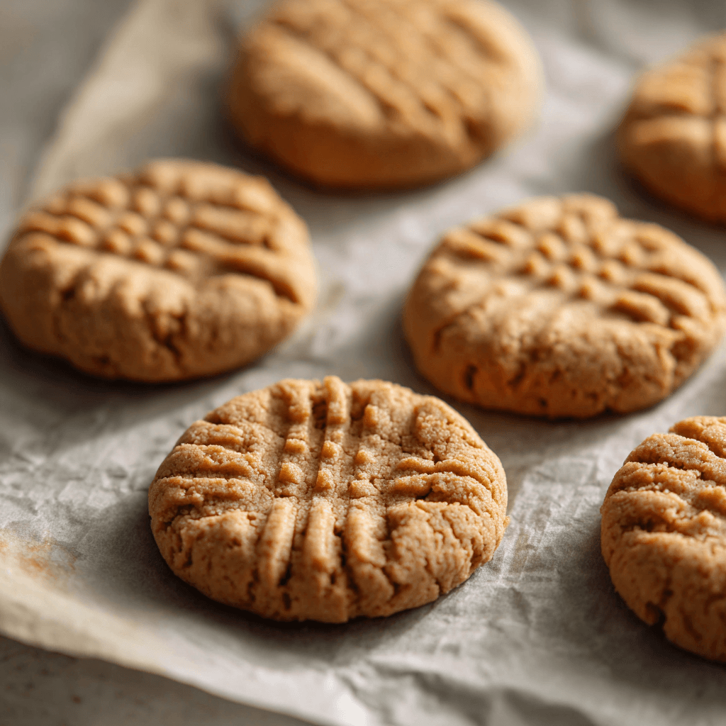 Freshly baked eggless peanut butter cookies with crisscross fork marks on parchment