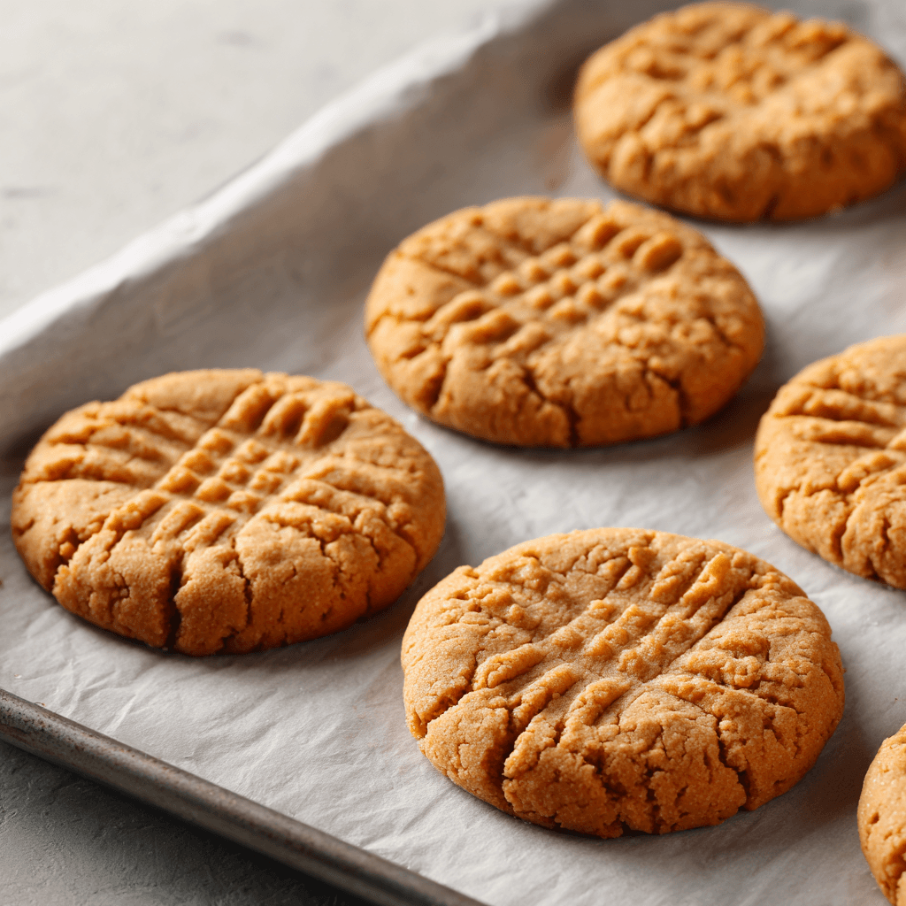 Freshly baked peanut butter cookies with crisscross fork marks on parchment