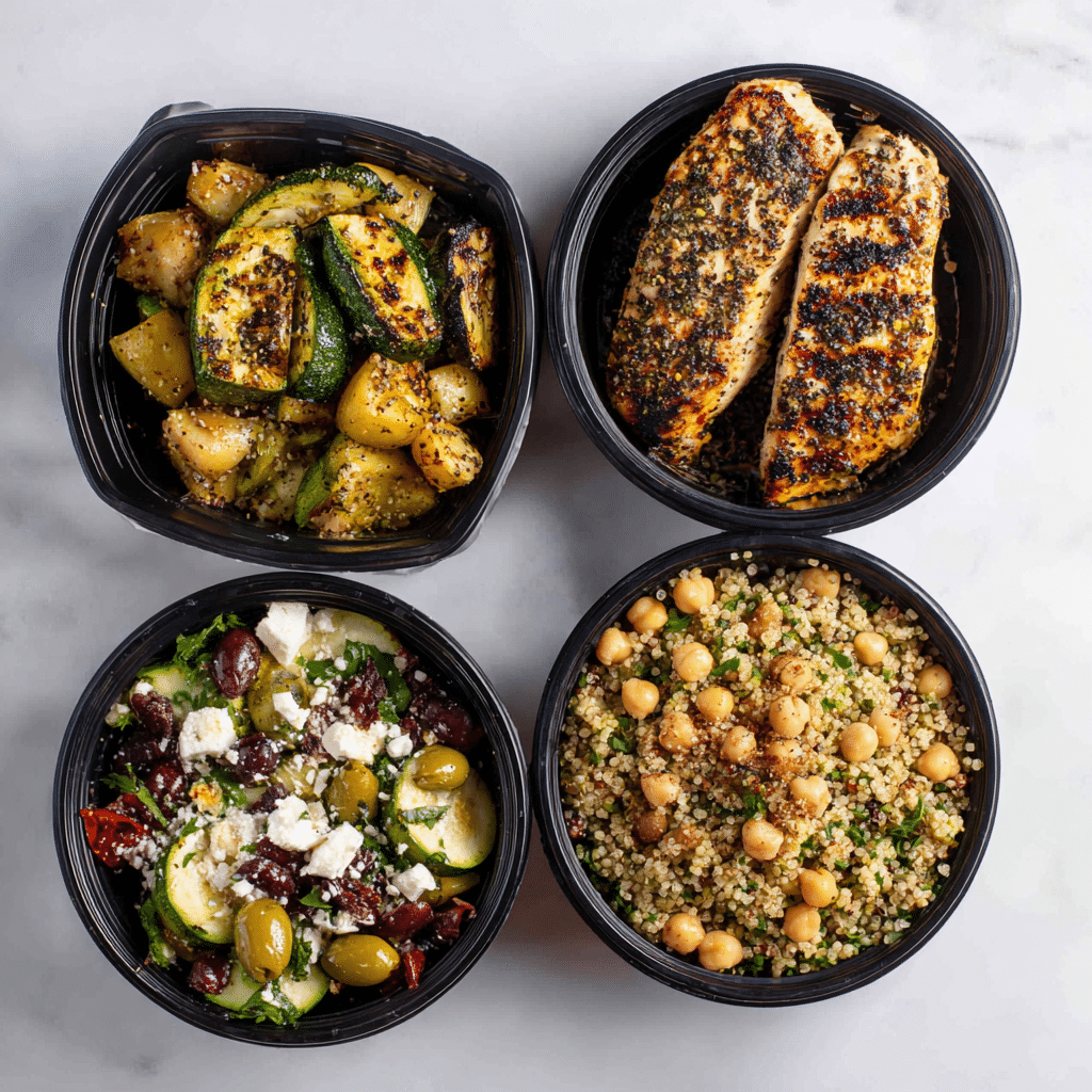 Four dishes showing different ways to use Greek seasoning, including chicken, veggies, salad, and grains