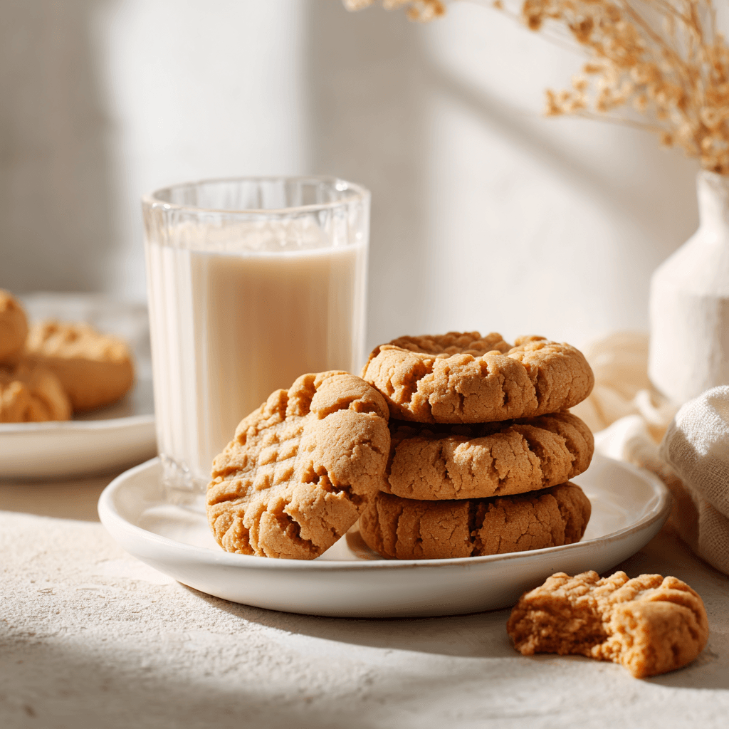 Plate of keto peanut butter cookies with almond milk in a cozy kitchen setting