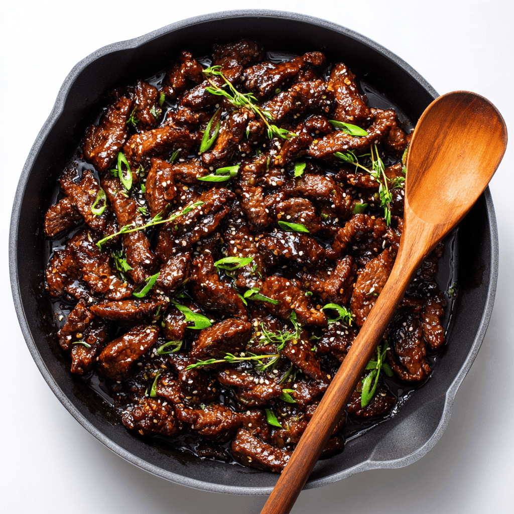 Skillet of freshly cooked Korean beef recipe