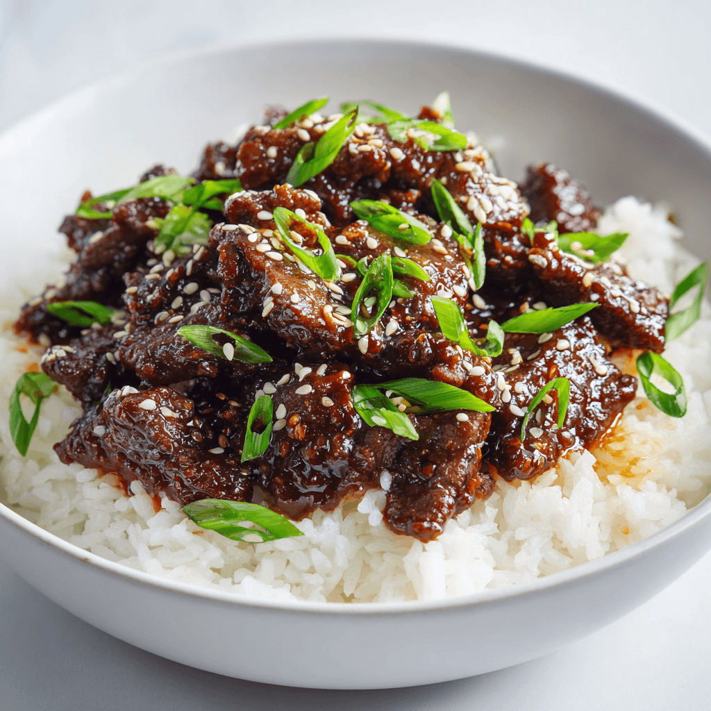 Close-up of Korean beef recipe served over rice with green onions and sesame seeds