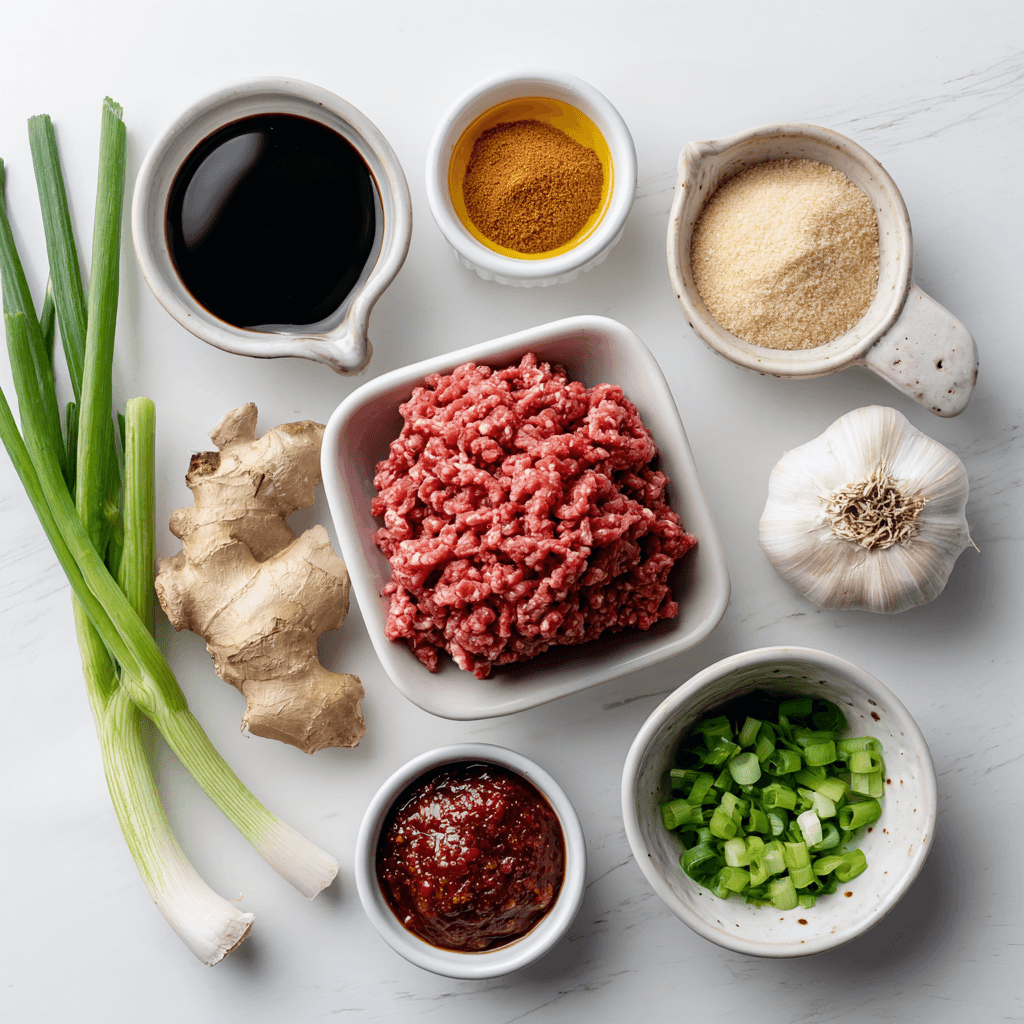 Flat lay of Korean beef recipe ingredients