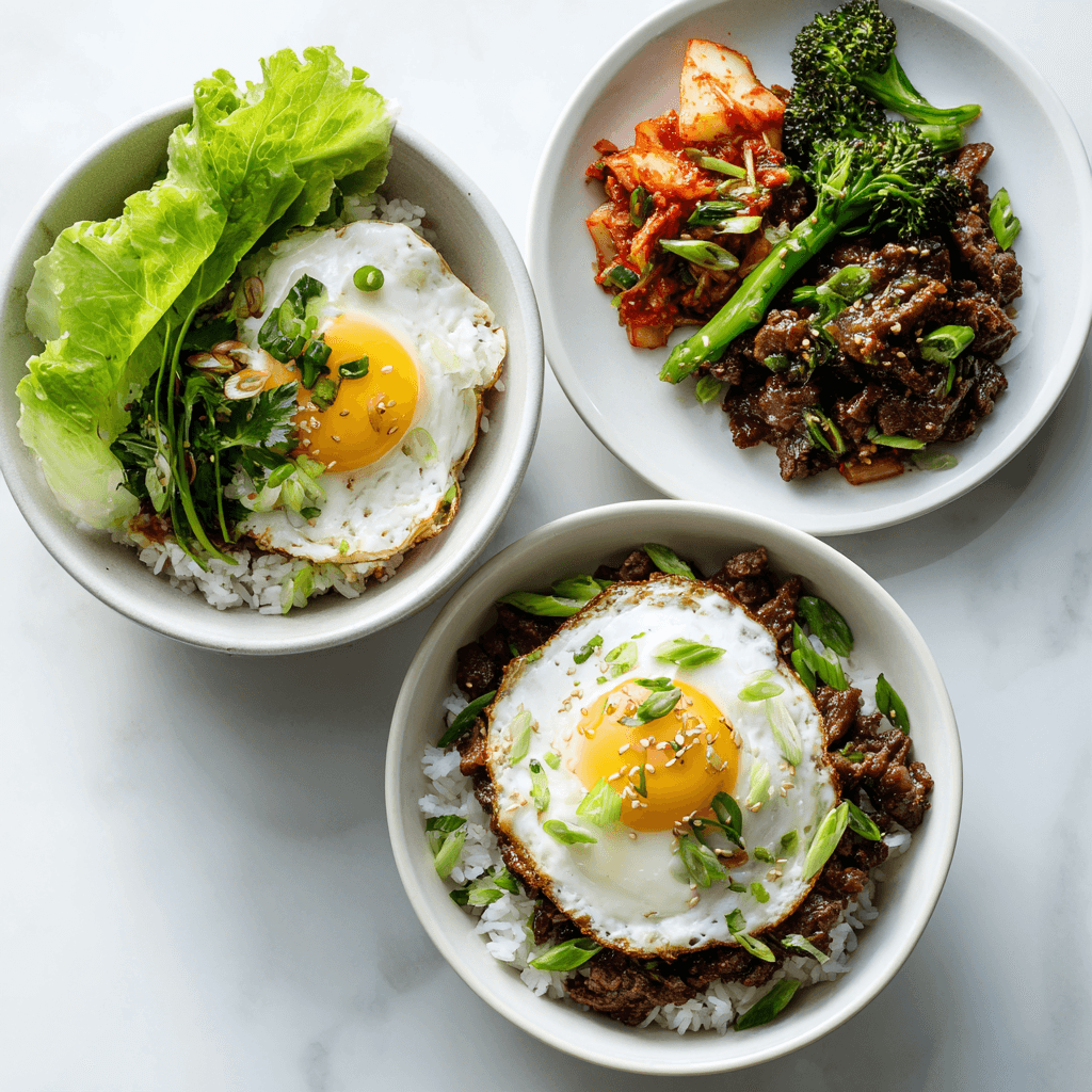 Three serving ideas for Korean beef recipe including rice bowl, lettuce wrap, and beef with vegetables