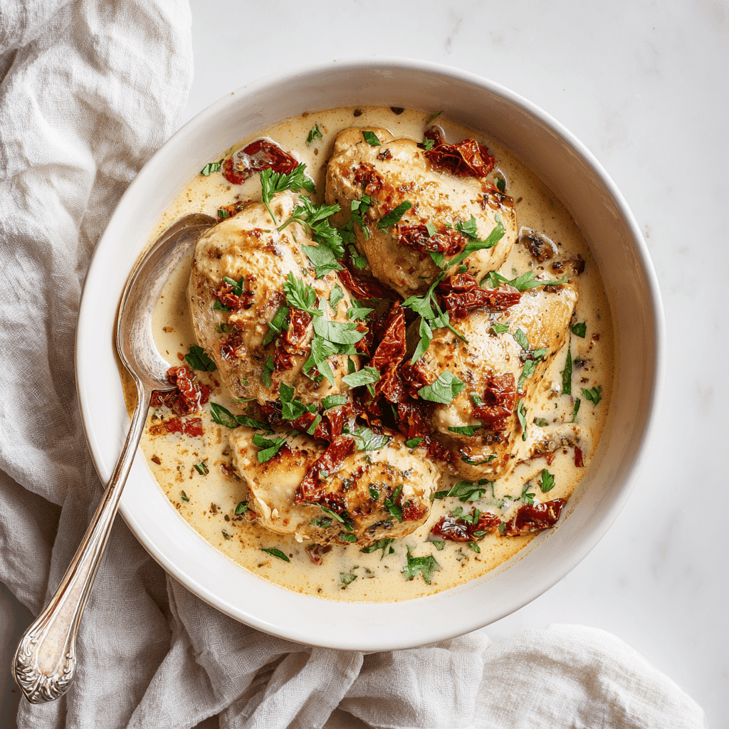 Cozy bowl of Crockpot Marry Me Chicken with creamy sauce and fresh herbs