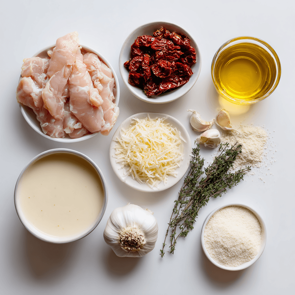 Crockpot Marry Me Chicken ingredients laid out on white background