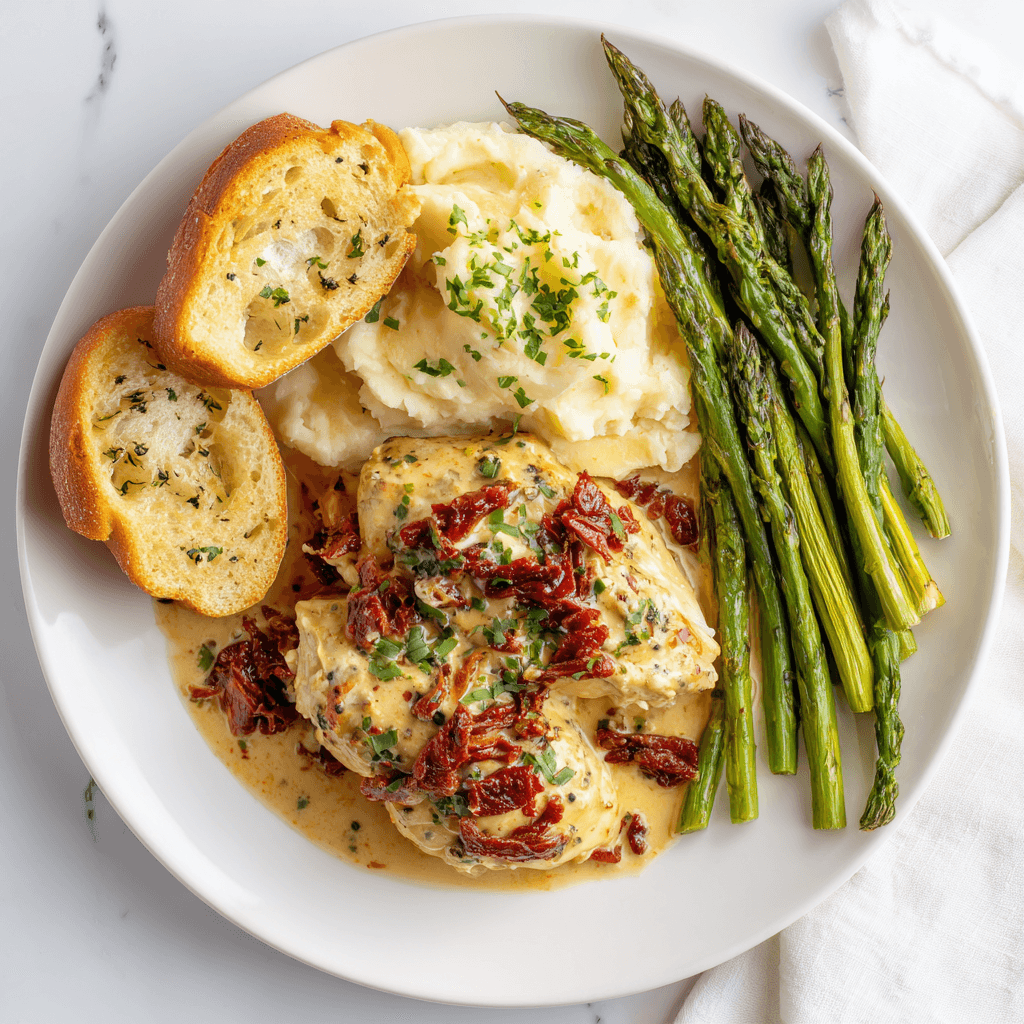 Crockpot Marry Me Chicken served with mashed potatoes, veggies, and garlic bread