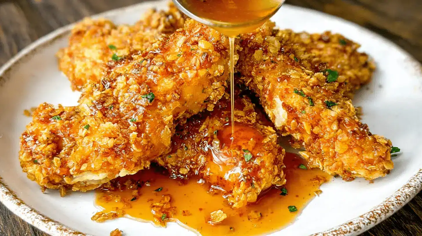 Close-up of crispy air fryer honey garlic chicken tenders glistening with sauce and fresh herbs on a rustic white plate.