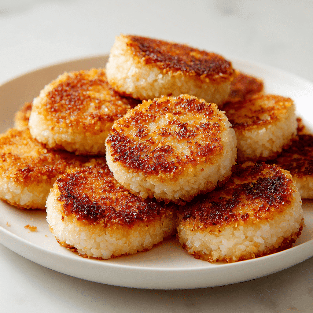 Pan-fried crispy rice cakes with golden crust on a white plate