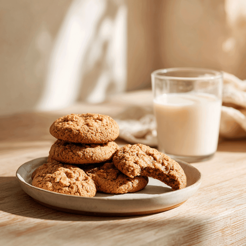 Plate of peanut butter banana cookies with a glass of milk