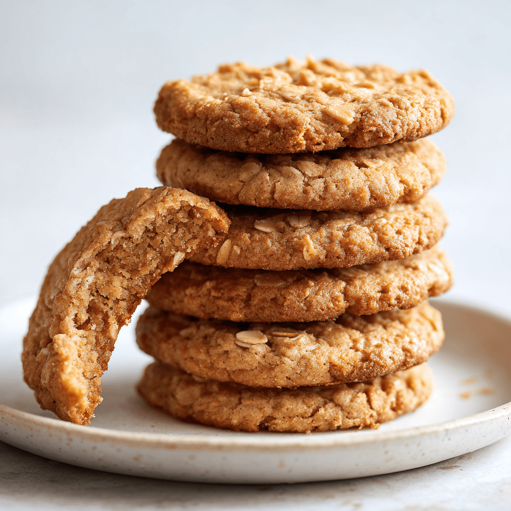 Stack of soft peanut butter banana cookies on a white plate with visible oats