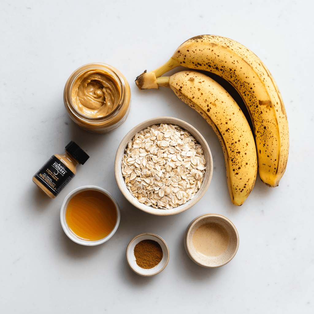 Ingredients for peanut butter banana cookies including ripe bananas, oats, and peanut butter