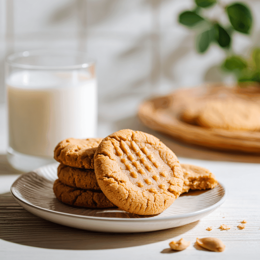 Plate of peanut butter cookies with a glass of milk 