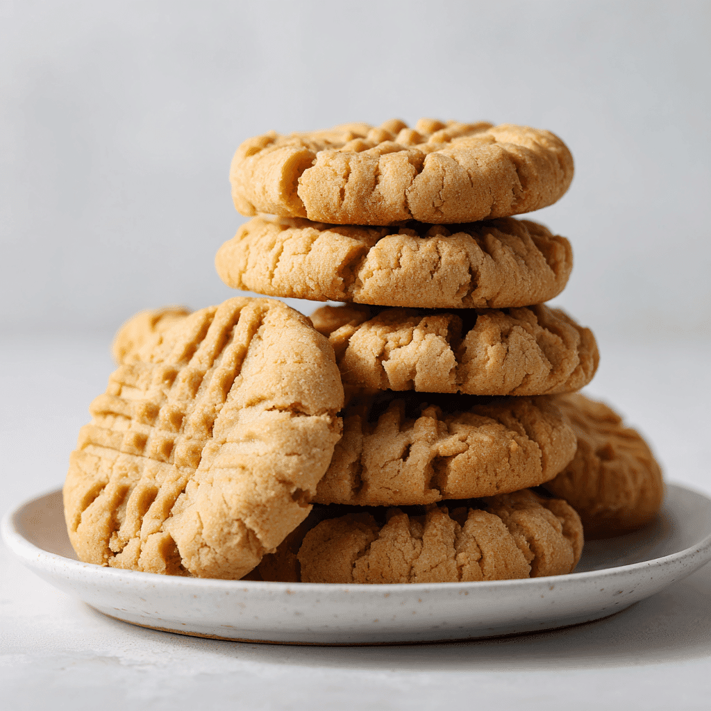Stack of classic peanut butter cookies with crisscross marks on a white plate