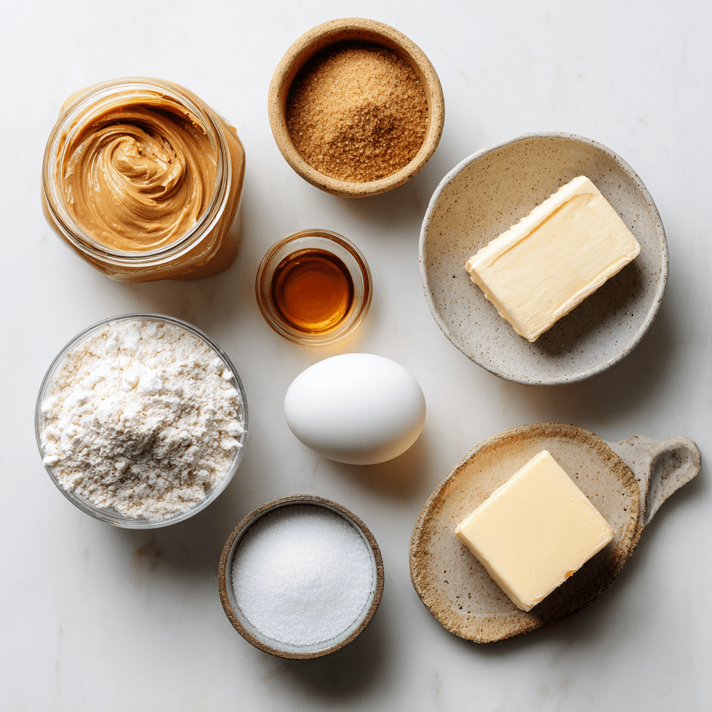 Classic peanut butter cookie ingredients including peanut butter, sugars, flour, and egg