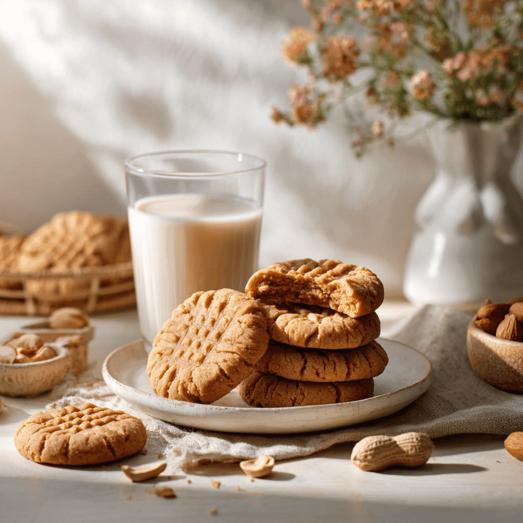 Plate of soft, chewy eggless peanut butter cookies with almond milk in a cozy setting