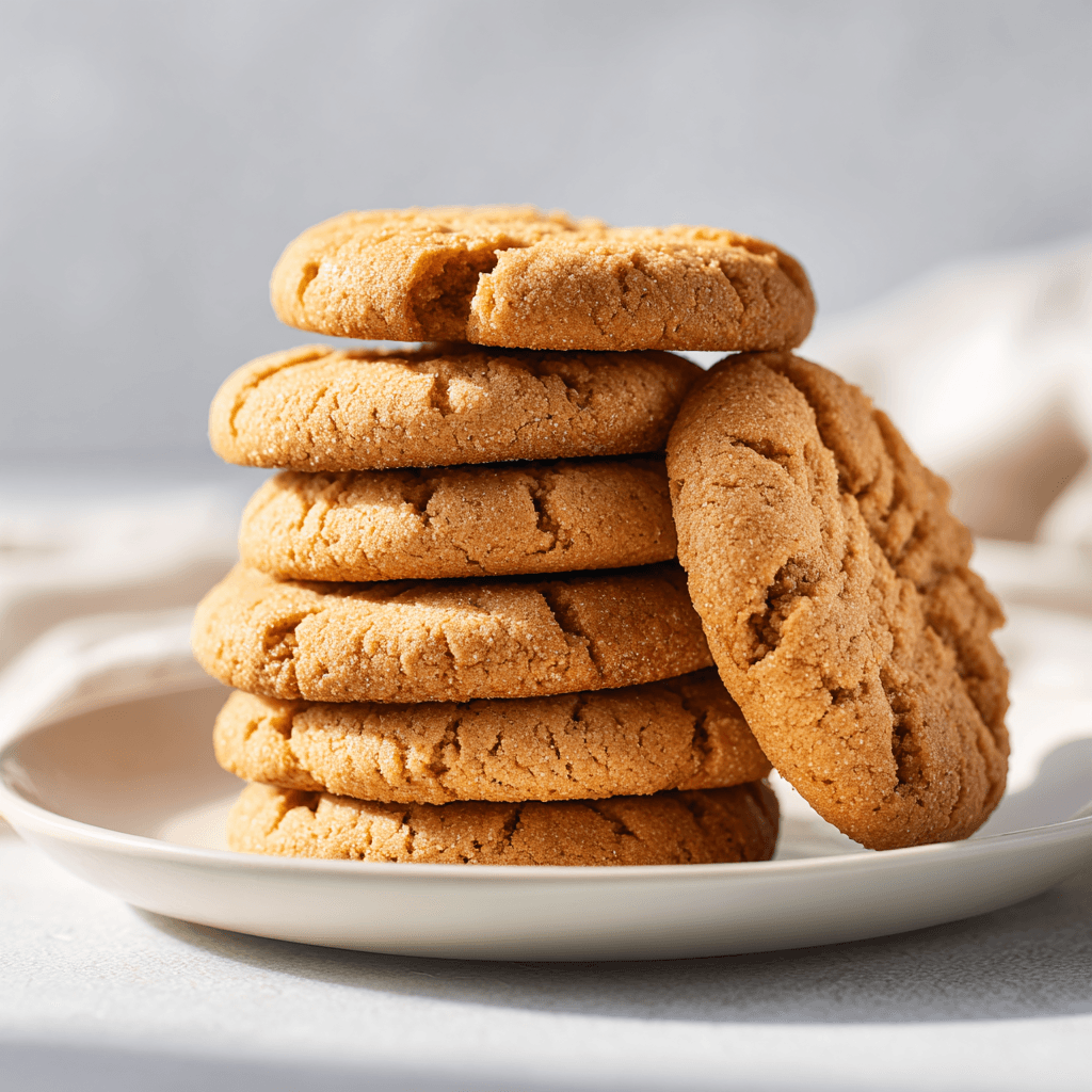 Stack of soft, chewy peanut butter cookies made without eggs