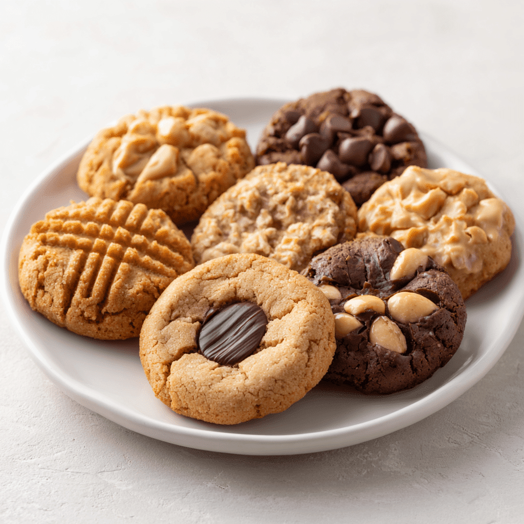 Assorted peanut butter cookie variations including chocolate chip, blossom, and oatmeal on a white plate