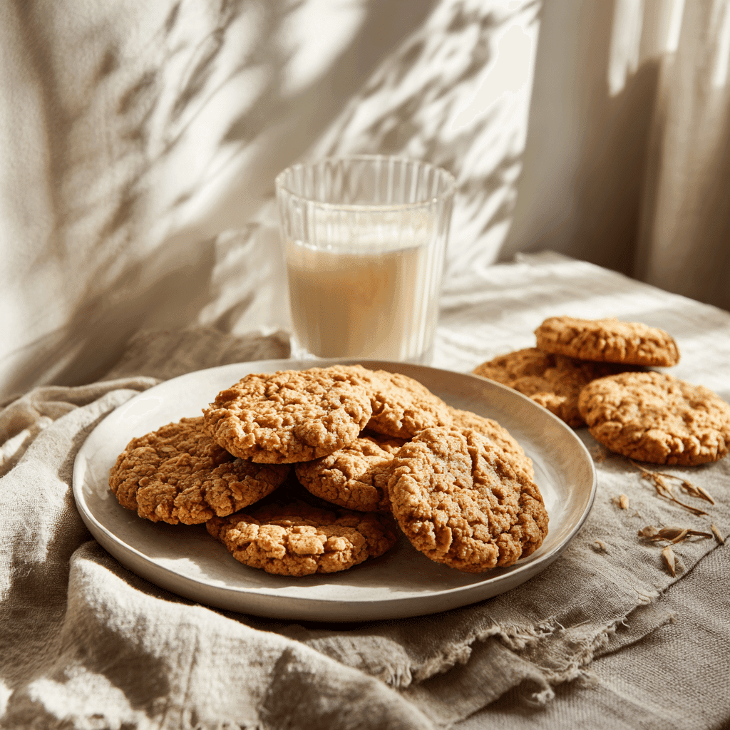 Plate of peanut butter oatmeal cookies with milk on a cozy kitchen table