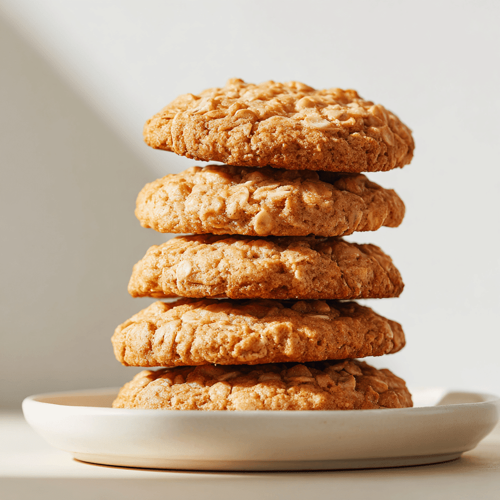 Stack of soft and chewy peanut butter oatmeal cookies on a white plate