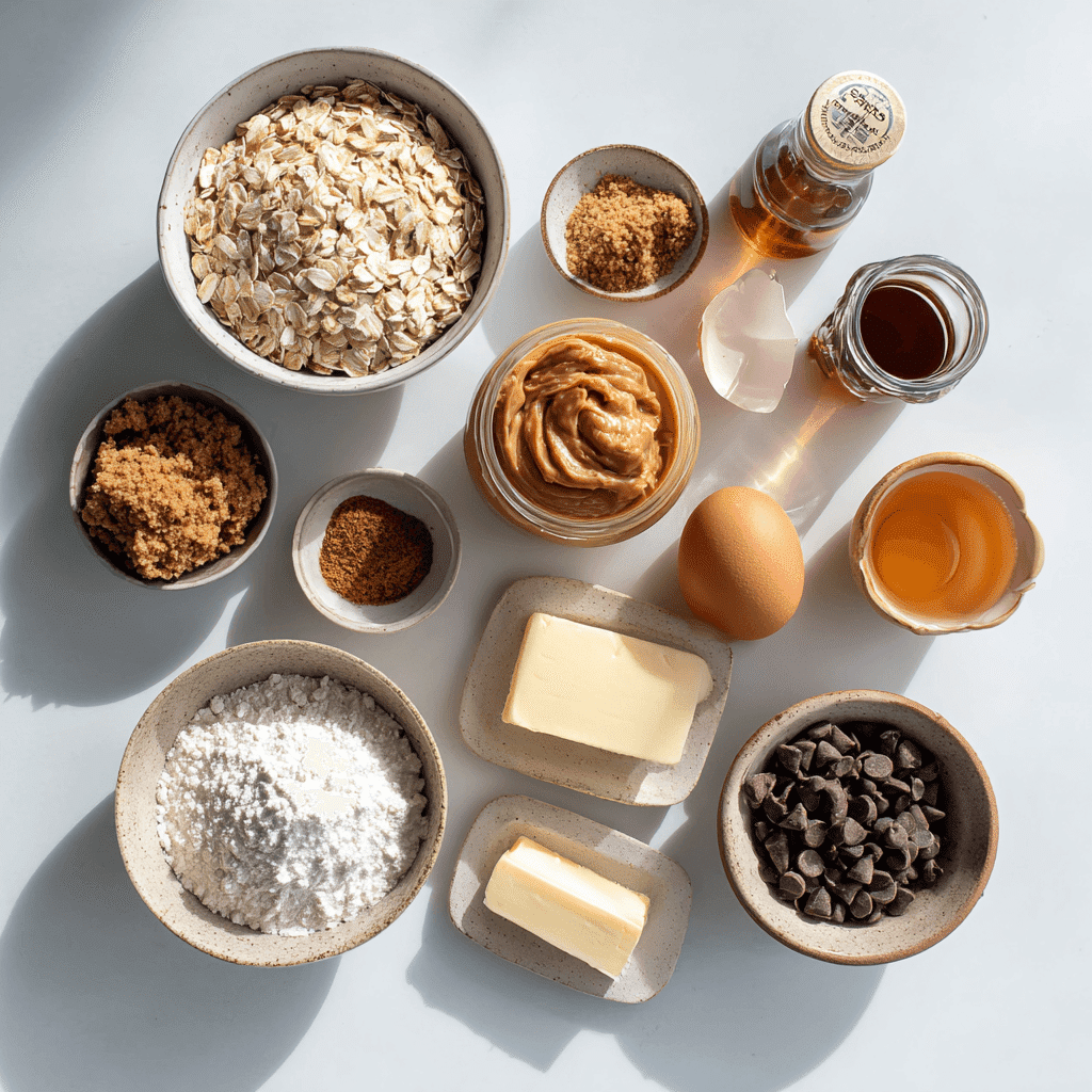 Neatly arranged ingredients for peanut butter oatmeal cookies