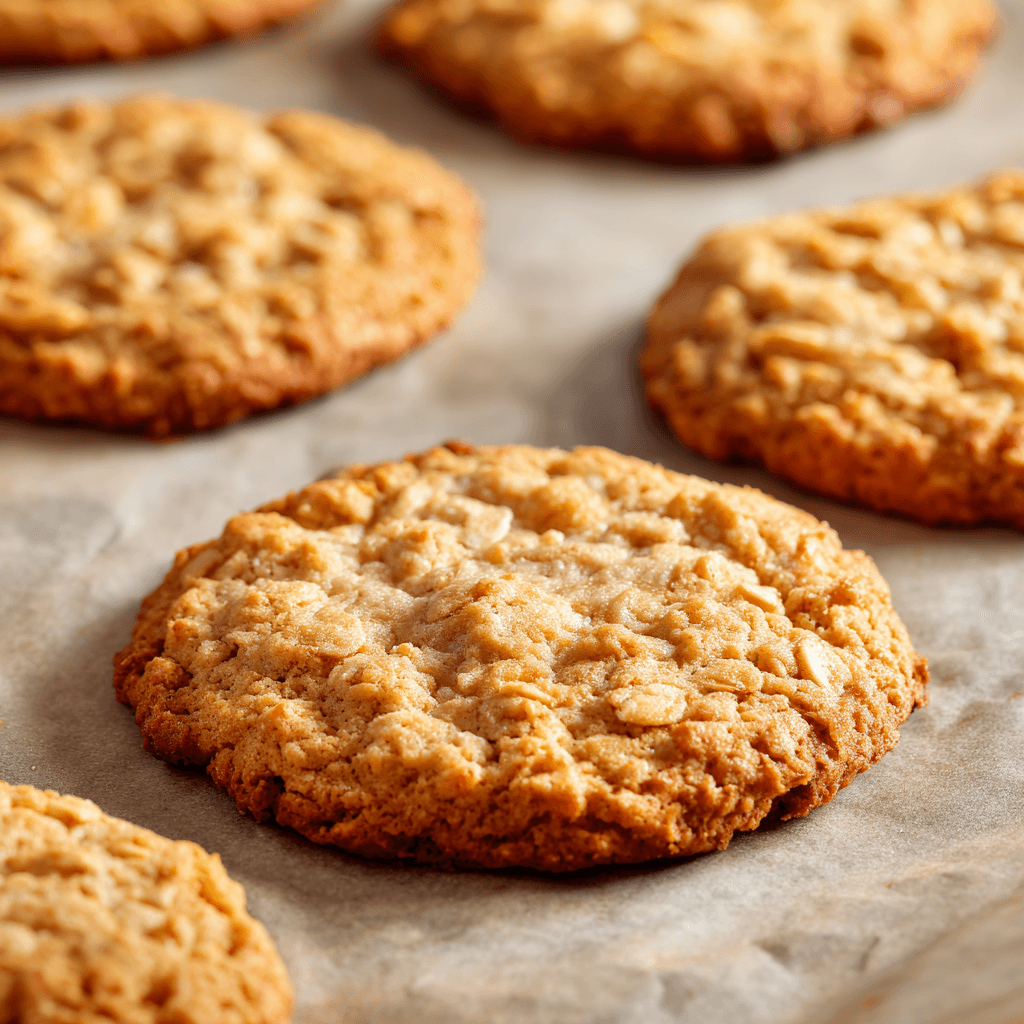 Freshly baked peanut butter oatmeal cookies cooling on parchment paper