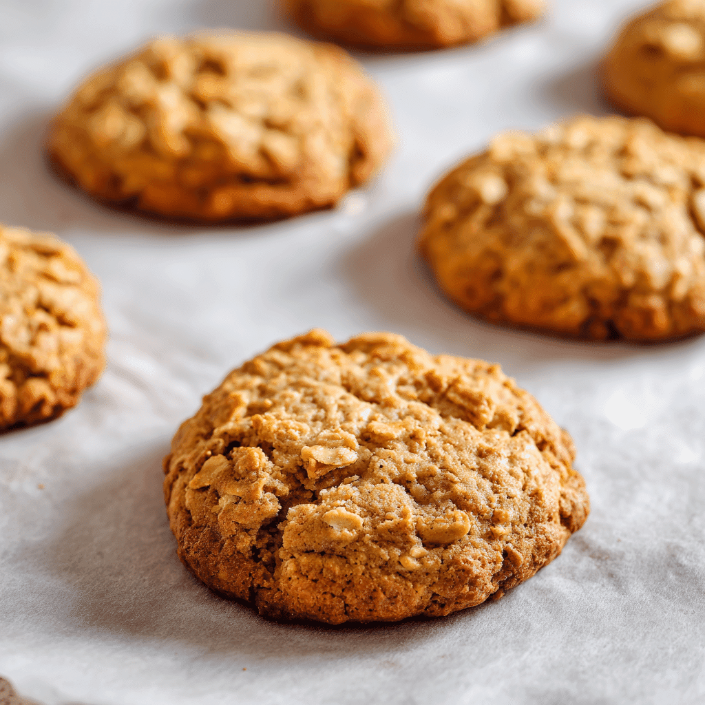 Freshly baked peanut butter banana cookies with oats on parchment paper