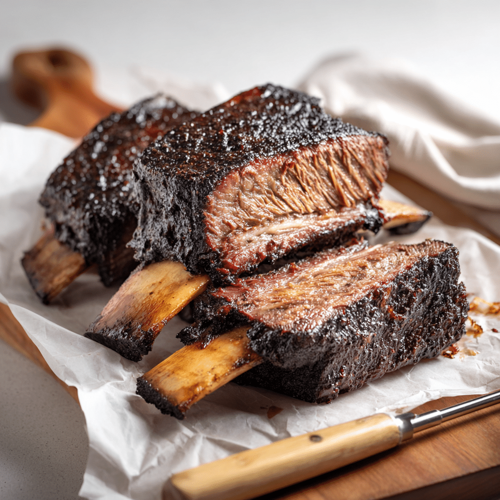 Smoked Short Ribs: Tender, Juicy, and Packed with Texas BBQ Flavor 4 Smoked short ribs resting and sliced with BBQ bark and thermometer