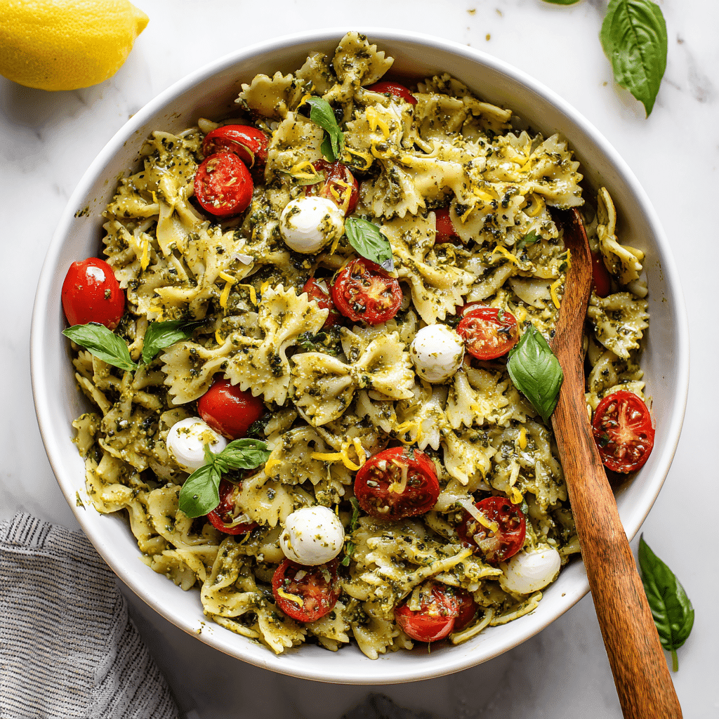 Bowl of pesto pasta salad with basil, tomatoes, and mozzarella, ready to serve