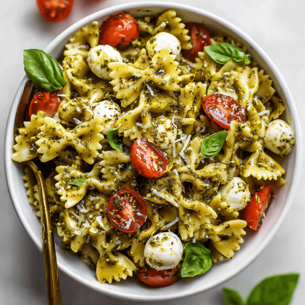 Perfectly made pesto pasta salad with evenly coated bowtie pasta, tomatoes, and basil