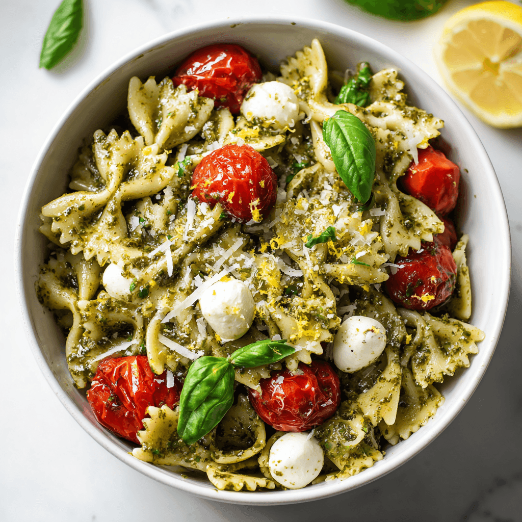 Pesto pasta salad with bowtie pasta, basil pesto, tomatoes, and mozzarella