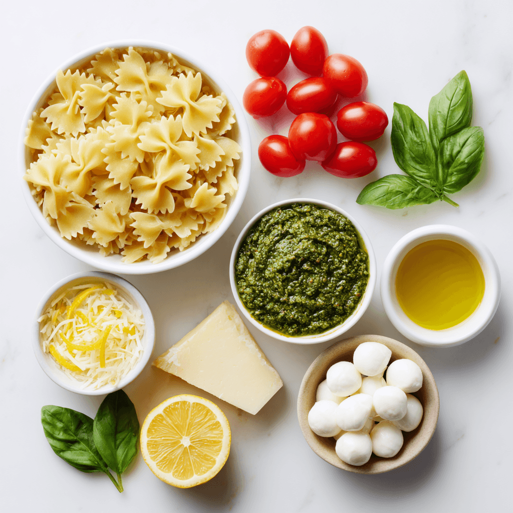 Ingredients for pesto pasta salad including bowtie pasta, basil pesto, tomatoes, and mozzarella