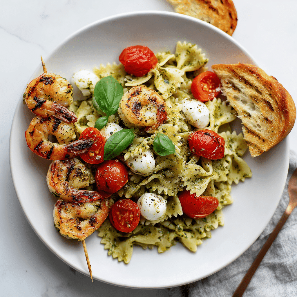 Pesto pasta salad served with grilled shrimp, roasted peppers, and garlic bread