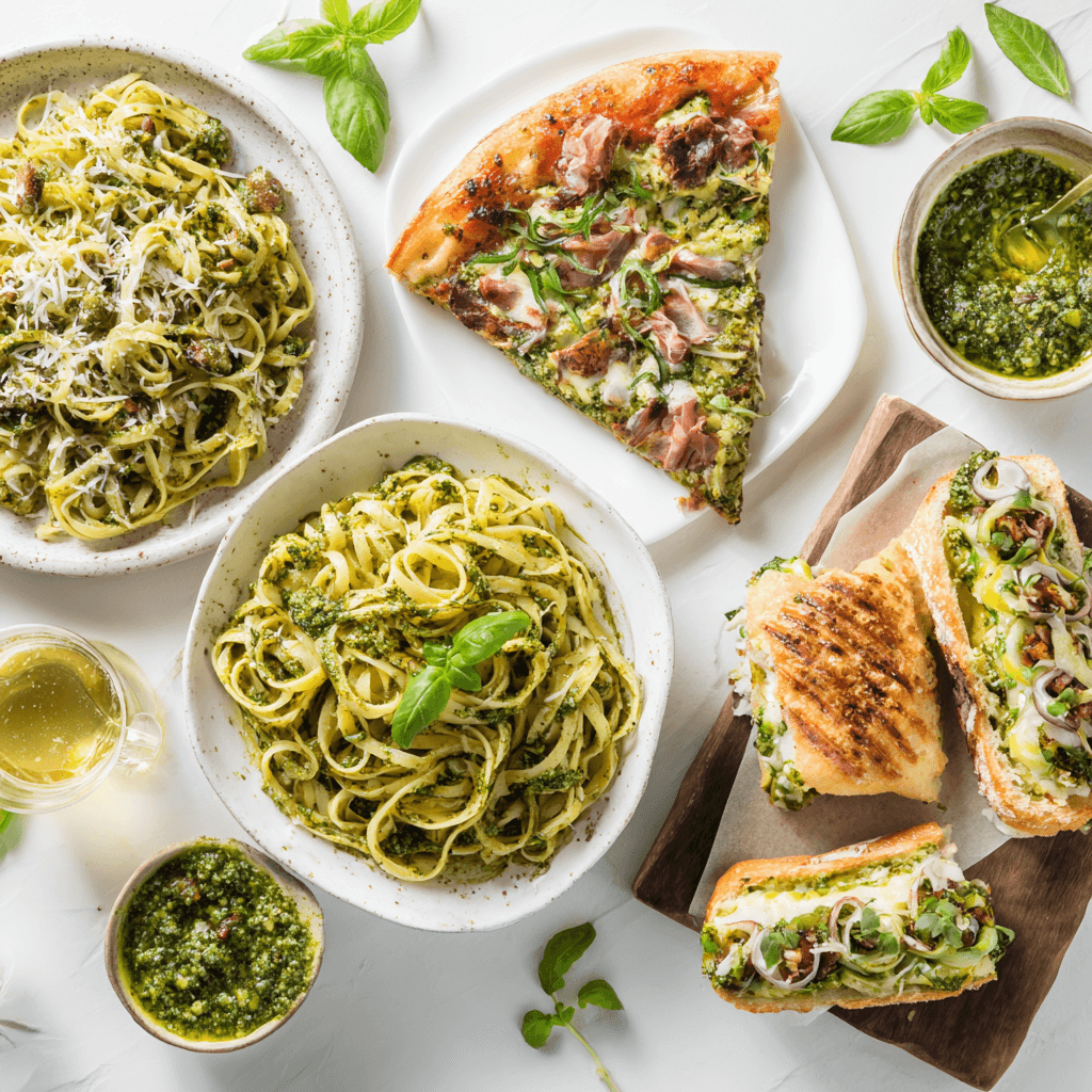 Dishes using pesto without pine nuts including pasta, pizza, and sandwiches