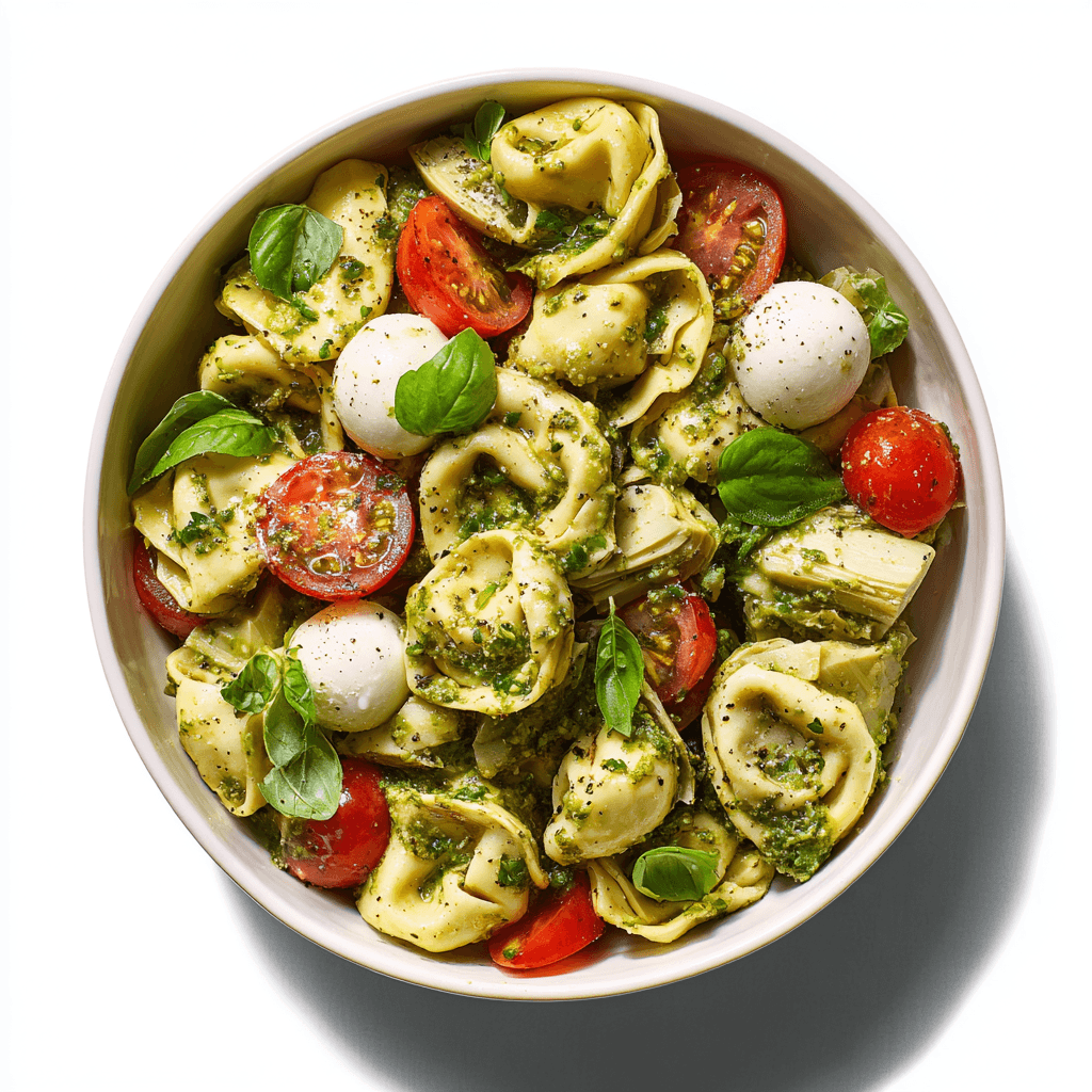 Pesto tortellini pasta salad with basil, tomatoes, and mozzarella on white background