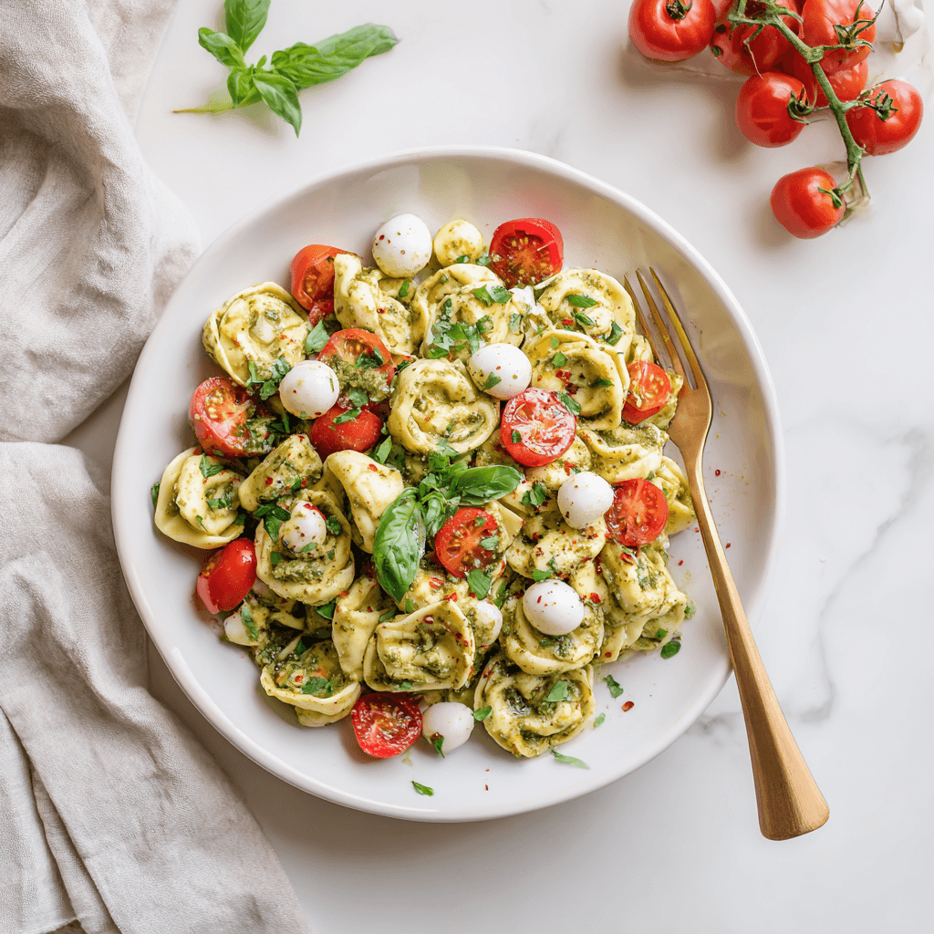 Bowl of pesto tortellini pasta salad ready to serve with fresh basil and tomatoes