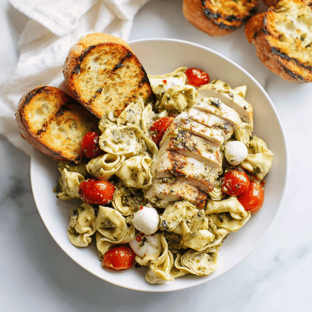 Pesto tortellini pasta salad served with grilled chicken and garlic bread