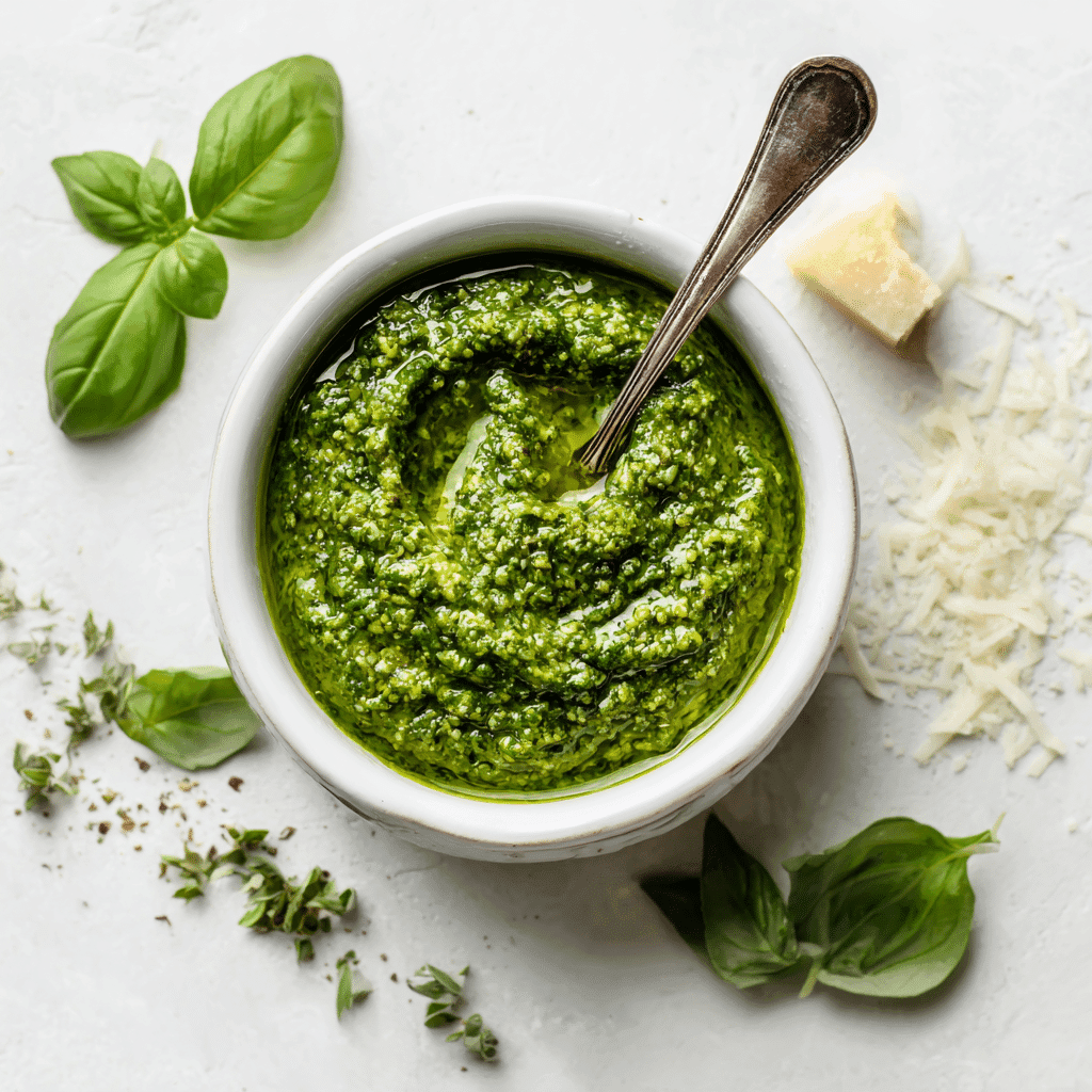 Pesto without pine nuts in a white bowl with fresh basil and Parmesan
