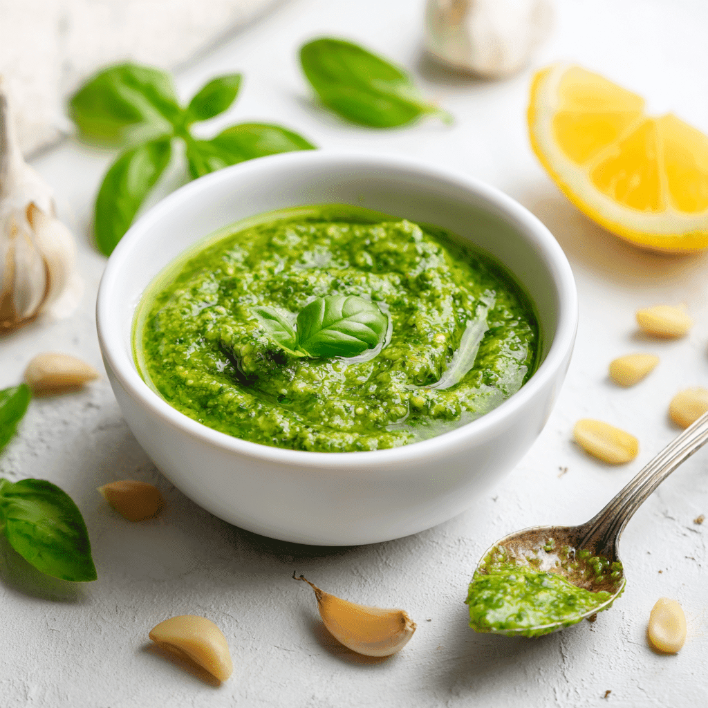 Final presentation of pesto without pine nuts in a white bowl with fresh ingredients