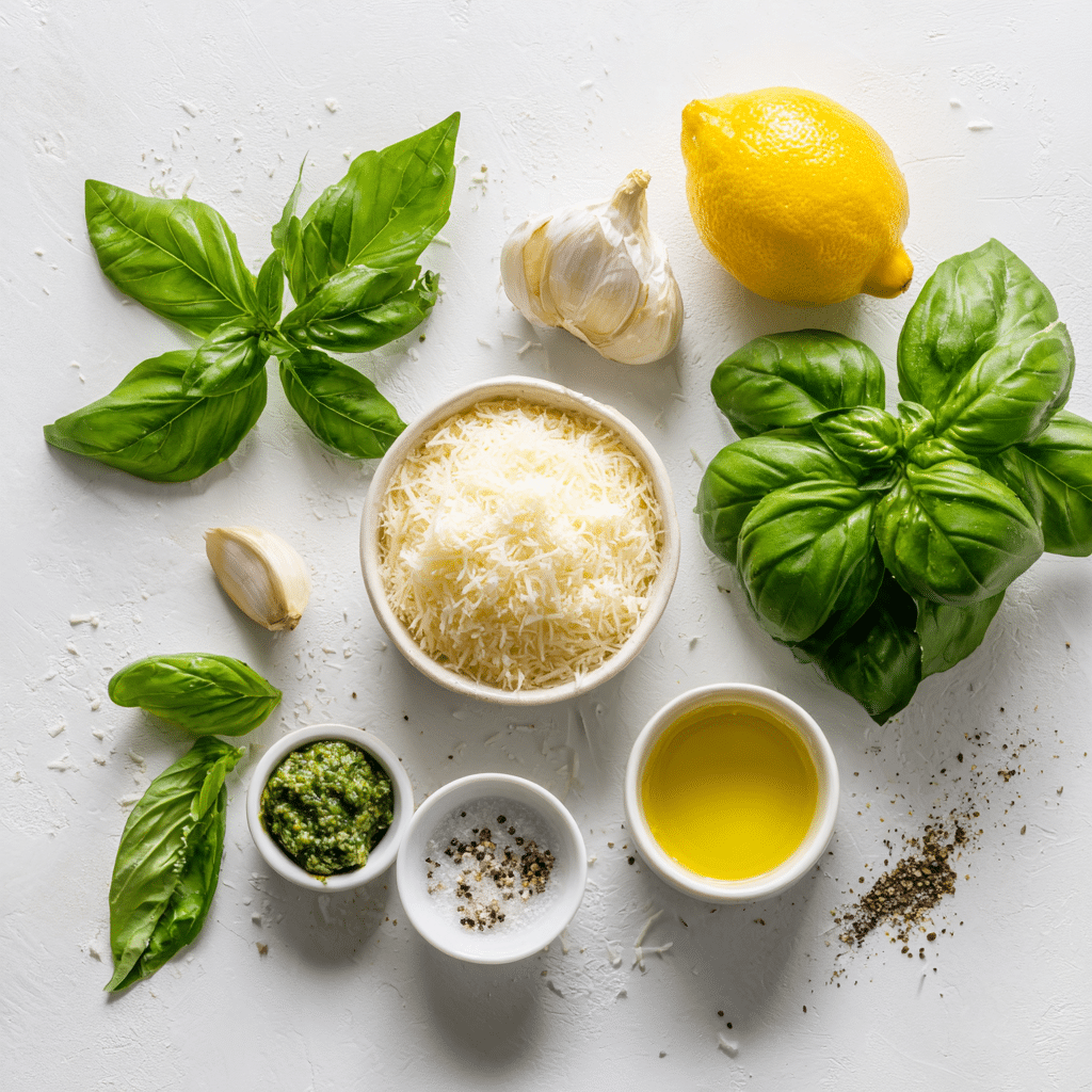 Core ingredients for pesto without pine nuts including basil, garlic, and Parmesan