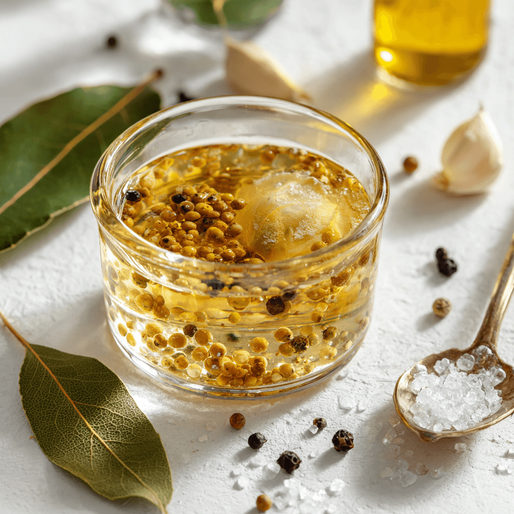 Homemade pickling liquid in a glass bowl with visible spices