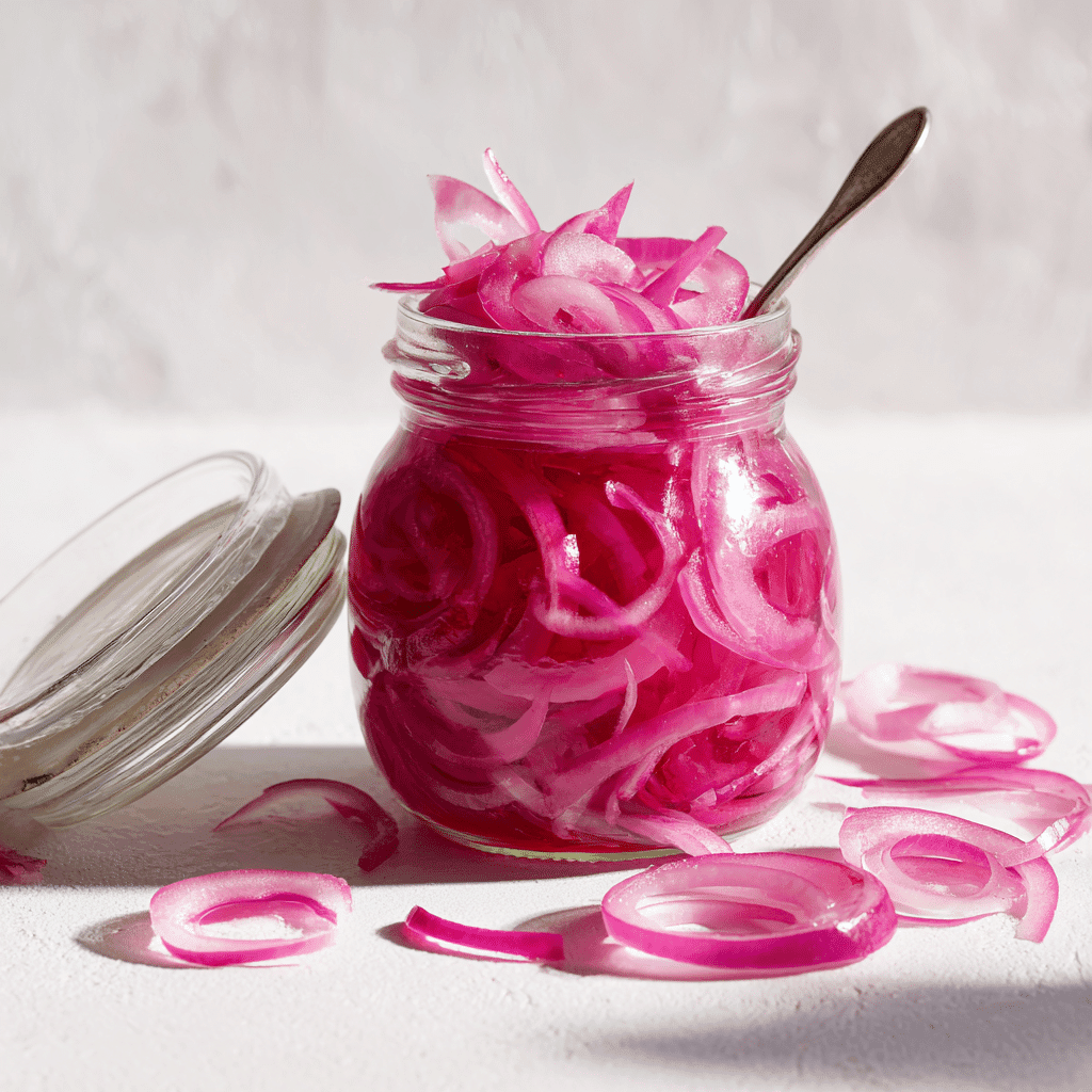 Open jar of pickled red onions with spoon and onion slices