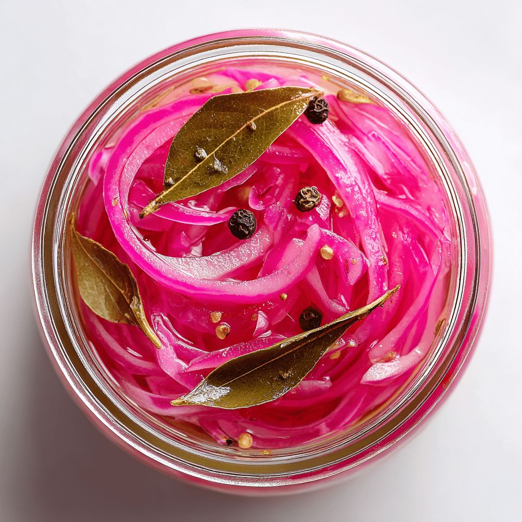 Bright pink pickled red onions in a glass jar