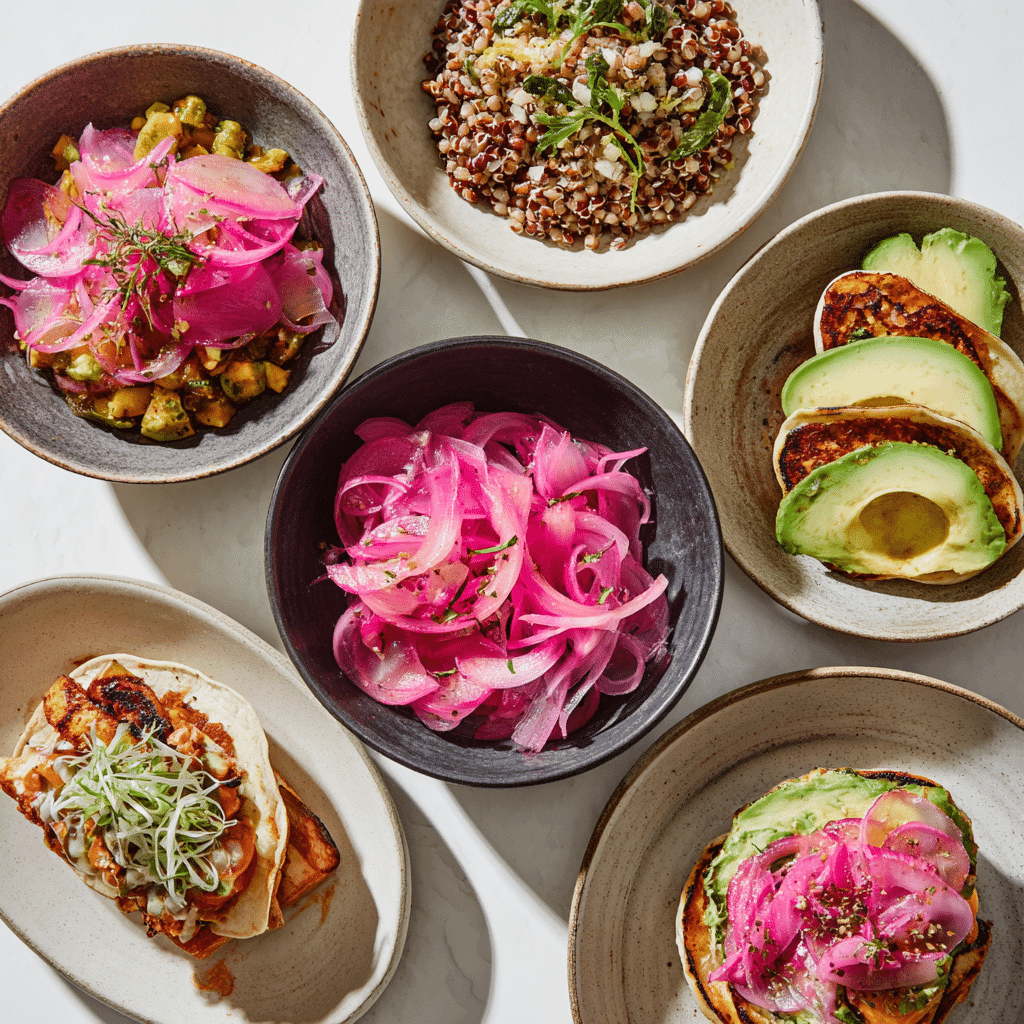 Tacos, bowls, toast, and salads topped with pickled red onions