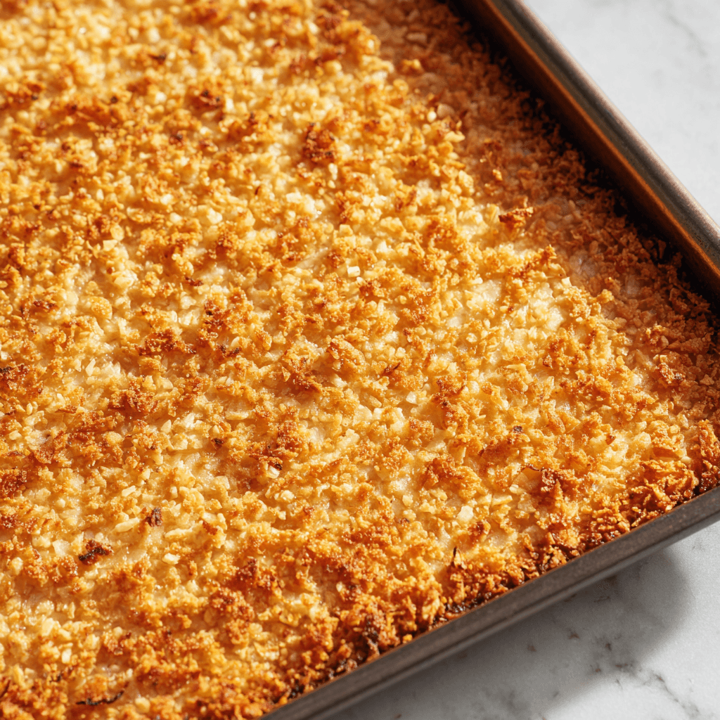 Sheet-pan crispy rice baked to a golden crust on a white tray