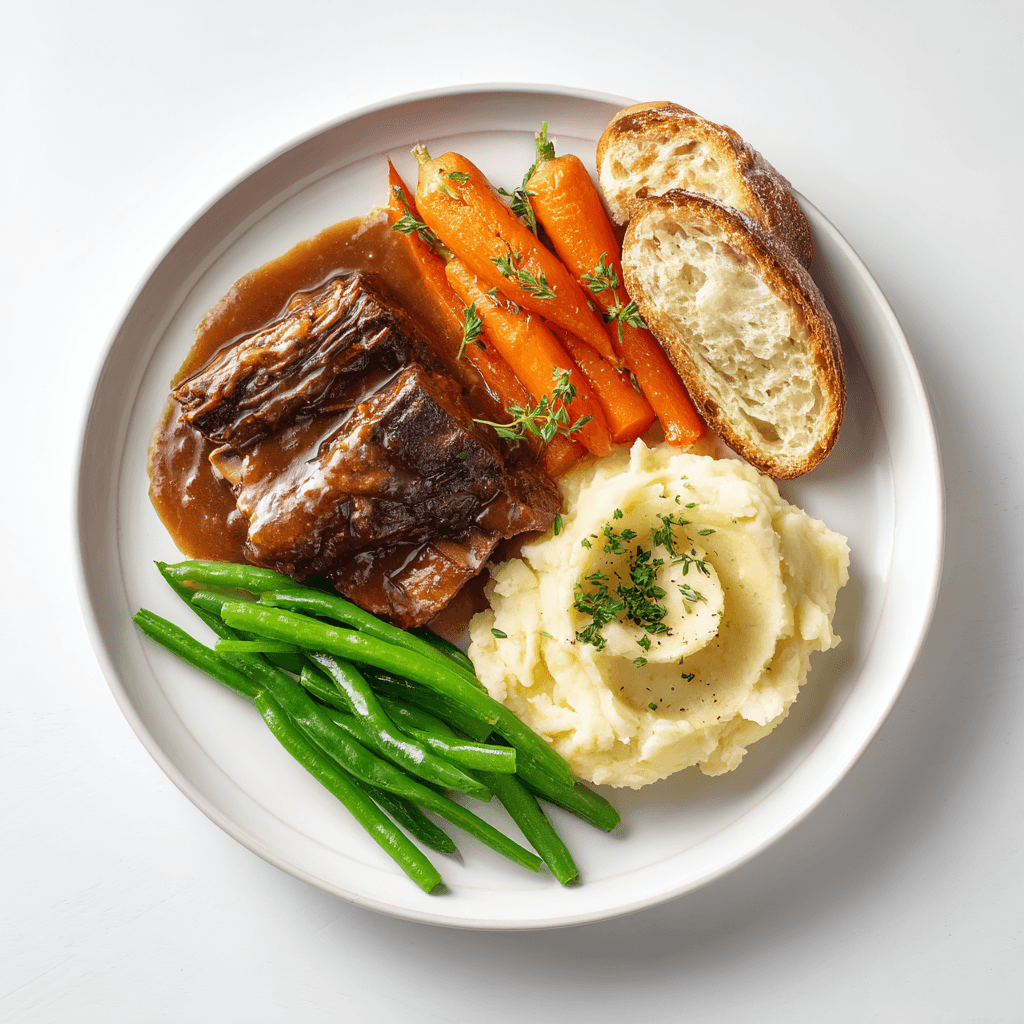 Slow cooker short ribs with mashed potatoes, carrots, green beans, and bread