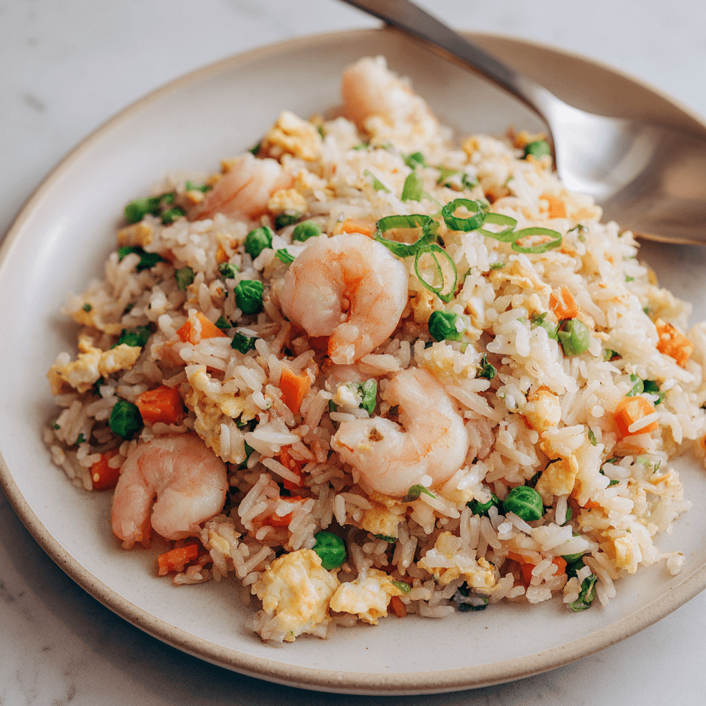 Plate of shrimp fried rice with vegetables and egg